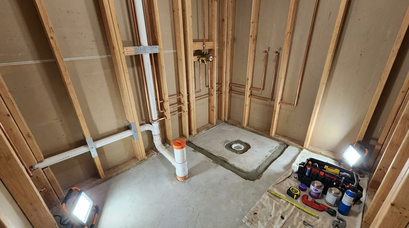 Bathroom rough-in plumbing during remodel by Johns Plumbing LLC in Ladd
