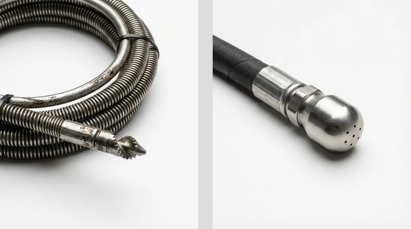 Drain snake cable and hydro jetting nozzle used for drain cleaning in Ladd, IL
