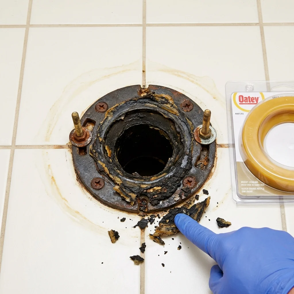 Failed wax ring showing water seepage at the base of a toilet in a Ladd, IL home