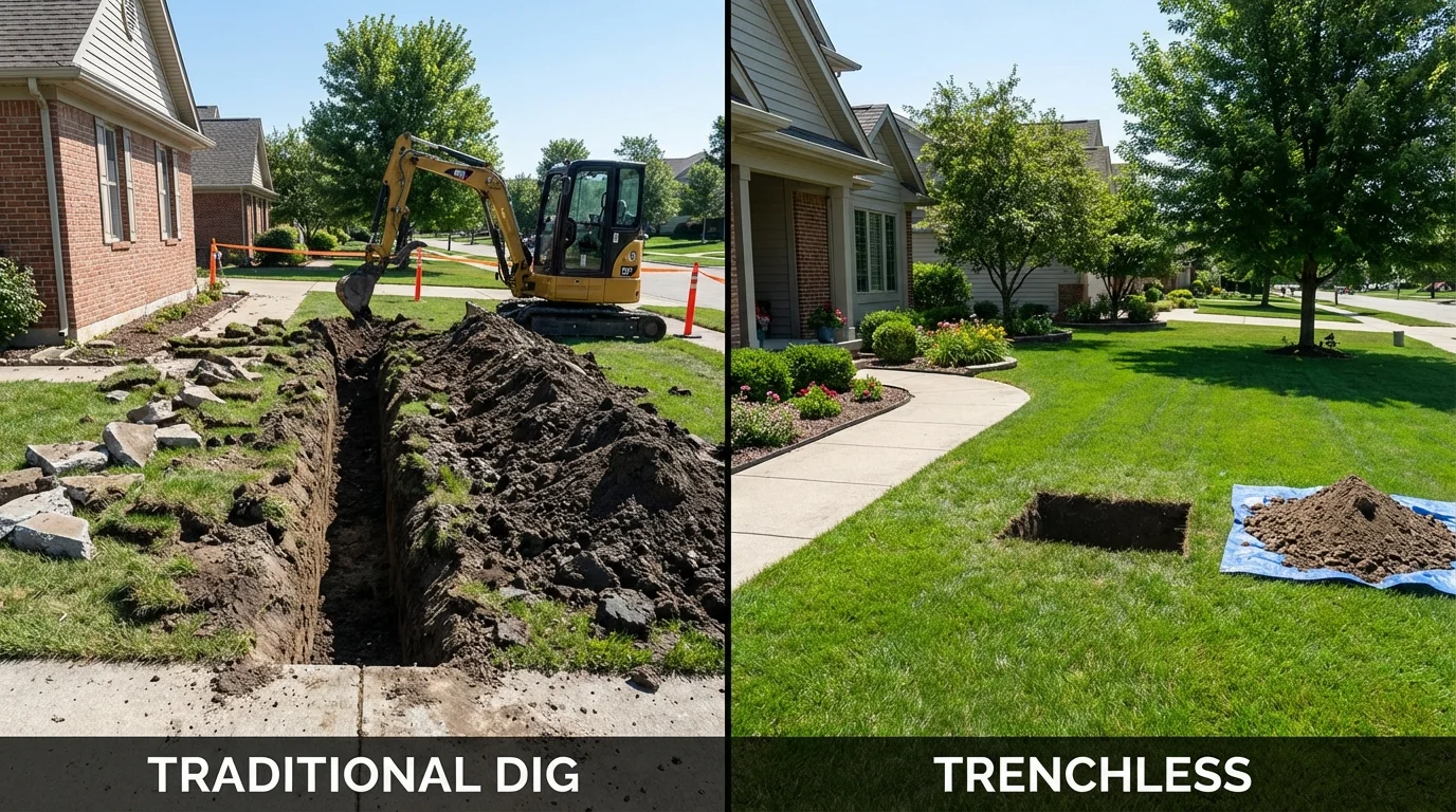 Trenchless sewer repair with minimal yard damage versus traditional excavation in Ladd, IL